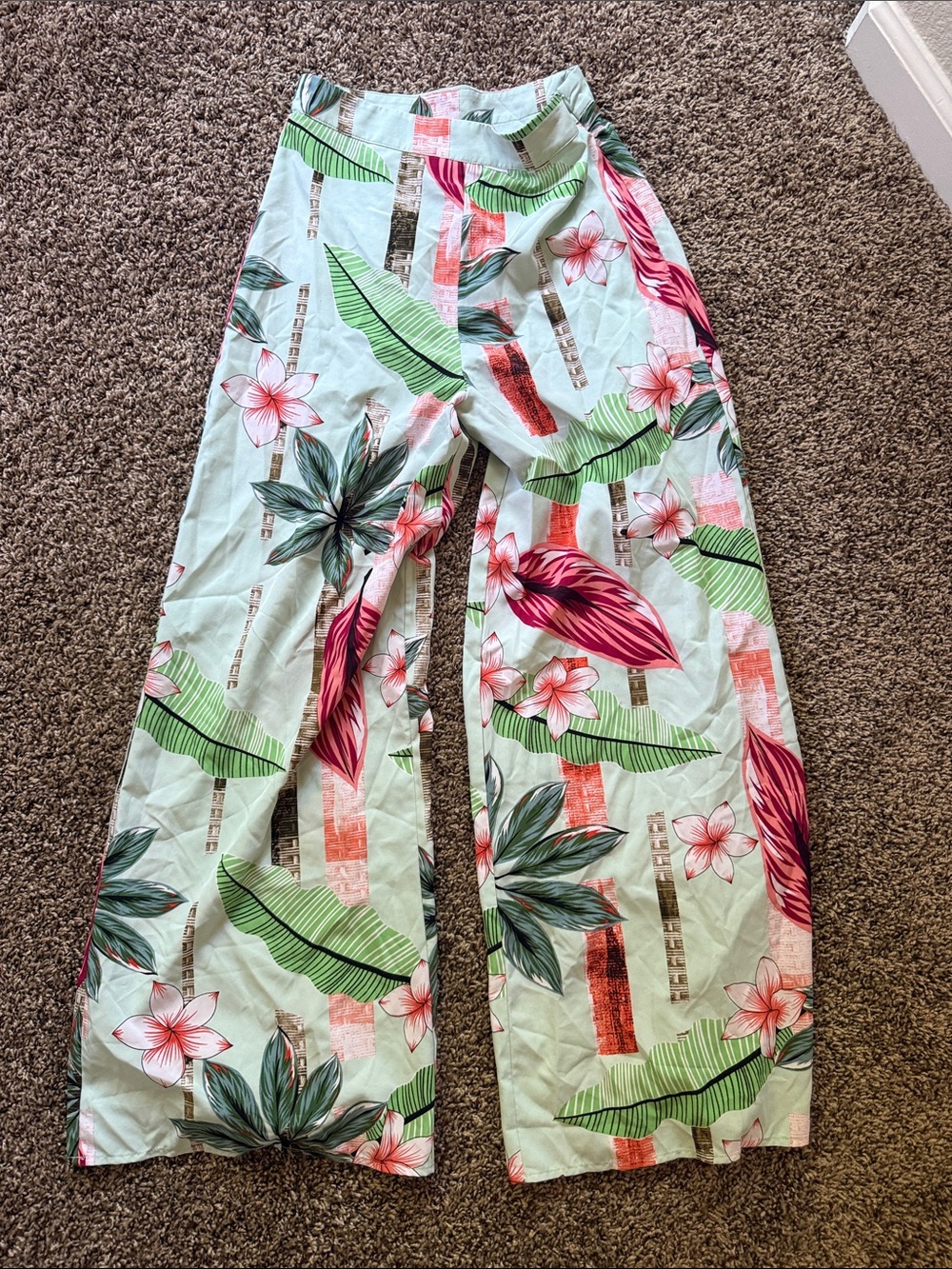 Floral Wide-Leg Pants in Mint & Pink